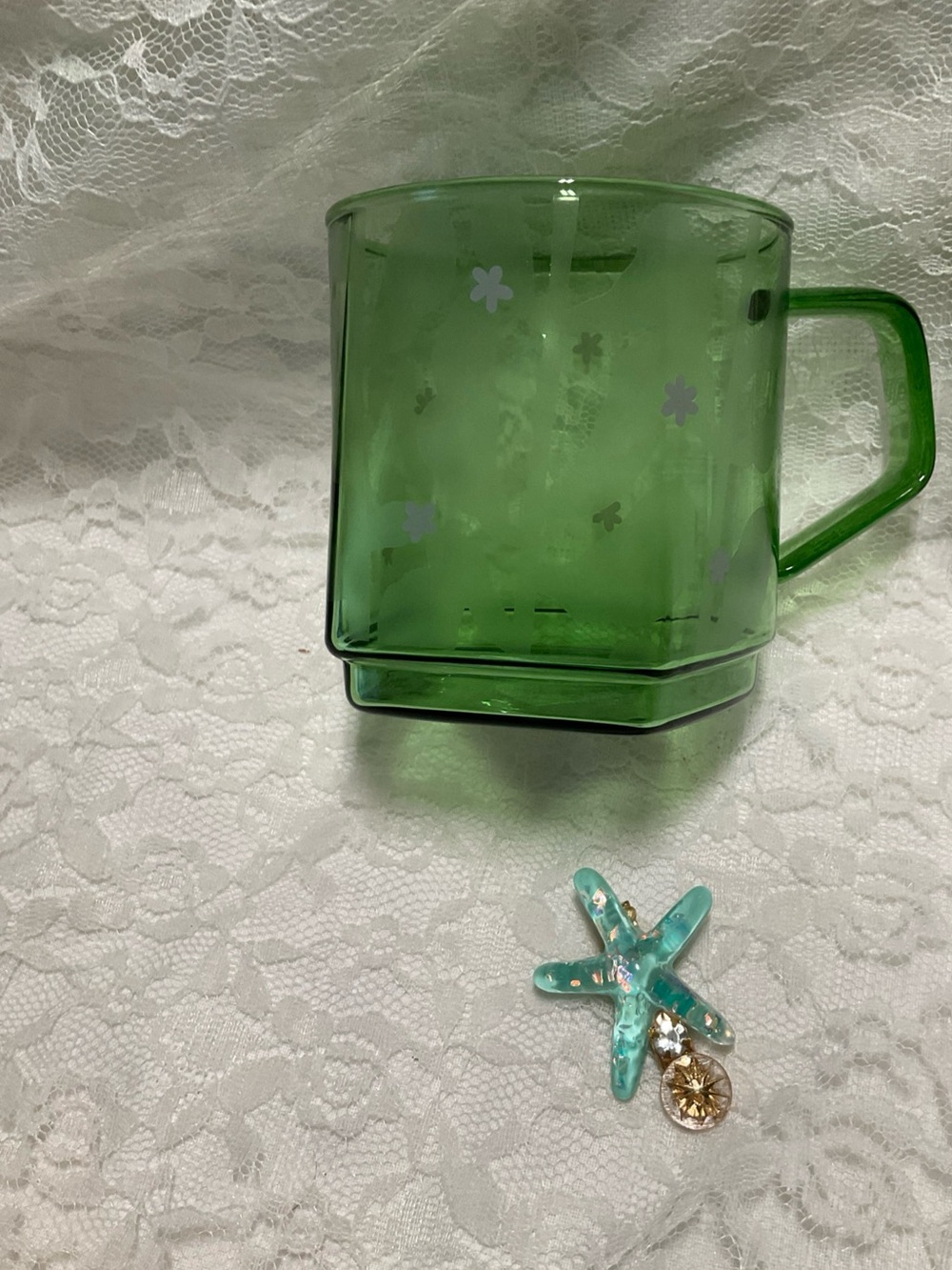 NEW Starbucks Botanical Glass Mug 12 oz, geometric Design, Ergonomic Handle